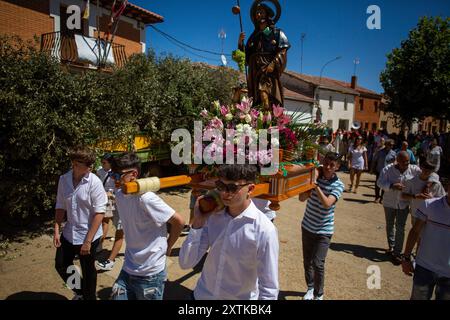 15. August 2024, Calzada Del Coto, Castilla Y Leon, Spanien: Junge Einheimische tragen das Bild von San Roque auf ihren Schultern und gehen an einem Wagen voller Brennholz für das Lagerfeuer, während der Vorbereitungen für die Feier des Lagerfeuers von San Roque. Die Stadt Calzada del Coto feiert das Lagerfeuer von San Roque, eine Tradition, die mehr als siebzig Jahre alt ist. Es besteht darin, dass die Ältesten am Morgen des 15. August auf den Berg gehen, um Eichenfeuer zu sammeln und einen Wagen zu füllen, der von einem Traktor gezogen wird, um mit einer großen Party in die Stadt zu kommen und Vorbereitungen für das große Lagerfeuer von San Roq zu treffen Stockfoto