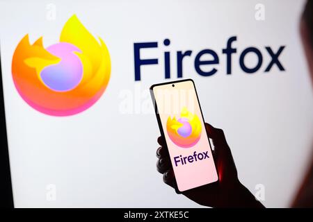 In dieser Abbildung wird das Mozilla Firefox Webbrowser-Logo auf einem Smartphone-Bildschirm und im Hintergrund angezeigt. Stockfoto