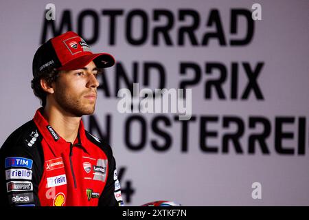 Red Bull Ring, Spielberg, Österreich. August 2024. 2024 MotoGP of Austria, Arrival Day; Nummer 23 Ducati Lenovo Teamfahrerin Enea Bastianini während der Pressekonferenz im Rahmen der österreichischen MotoGP Credit: Action Plus Sports/Alamy Live News Stockfoto
