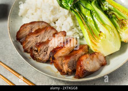 Chinesisches Saibling-Siu-Schweinefleisch mit Bok Choy und weißem Reis Stockfoto