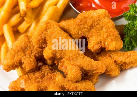 Gesunde Kinder Dinosaurier Chicken Nuggets mit Pommes und Ketchup Stockfoto