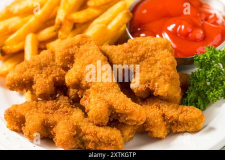 Gesunde Kinder Dinosaurier Chicken Nuggets mit Pommes und Ketchup Stockfoto