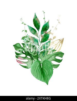 Aquarell-Clip-Art-Bouquet mit tropisch grünen und goldenen Blättern, Handgemälde, Scrapbooking, Grußkarten Stockfoto