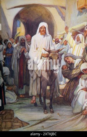Illustration Einzug Jesu nach Jerusalem mit Anhängern, die Tücher nehmen und auf den Boden legen, damit der Esel auf dem Boden von Ant aus gehen kann Stockfoto
