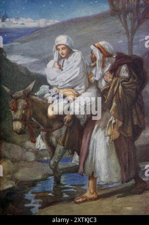 Illustration des Fluges nach Ägypten (Matthäus) - Jungfrau Maria, die das Jesuskind auf einem Esel hält, geführt von Joseph, der aus dem antiken 19. Jahrhundert nach Ägypten flüchtet Stockfoto