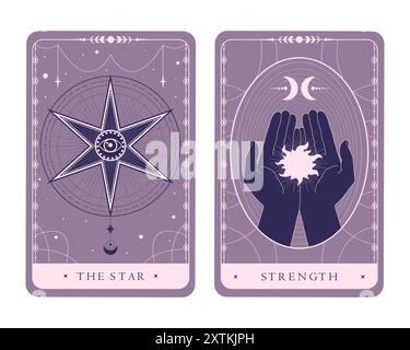 Magische himmlische Tarotkarten von Major Arcana. Tarot symbolisiert den Stern und die Stärke. Rätsel, Astrologie, Alchemie. Vektorabbildung Stock Vektor