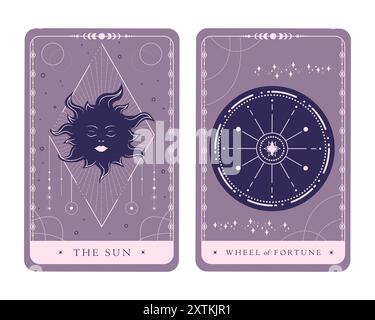 Magische himmlische Tarotkarten von Major Arcana. Tarot-Symbole die Sonne und das Glücksrad. Rätsel, Astrologie, Alchemie. Vektorabbildung Stock Vektor