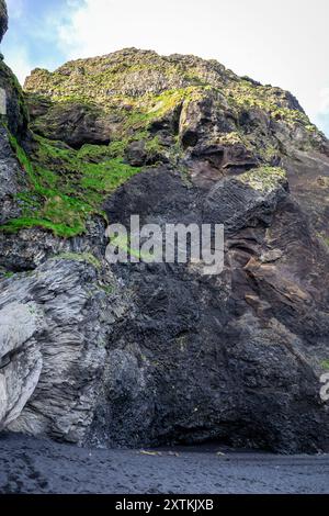 Halsanefshellir Höhle aus Basaltsäulen am Reynisfjara Black Sand Beach, vulkanische Felsformationen bedeckt mit Moos, Island. Stockfoto