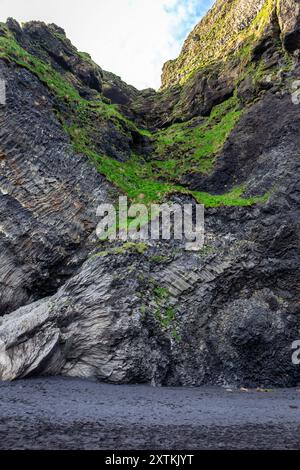 Halsanefshellir Höhle aus Basaltsäulen am Reynisfjara Black Sand Beach, vulkanische Felsformationen bedeckt mit Moos, Island. Stockfoto