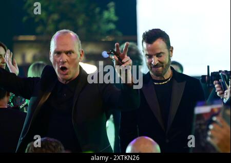 Mexiko-Stadt, Mexiko. August 2024. Justin Theroux und Michael Keaton nehmen am 14. August 2024 am schwarzen Teppich des BeetleJuice BeetleJuice Fan Events im Cinepolis Toreo Parque Central in Mexiko-Stadt Teil. (Foto: Carlos Tischler/Eyepix Group) (Foto: Eyepix/NurPhoto) Credit: NurPhoto SRL/Alamy Live News Stockfoto