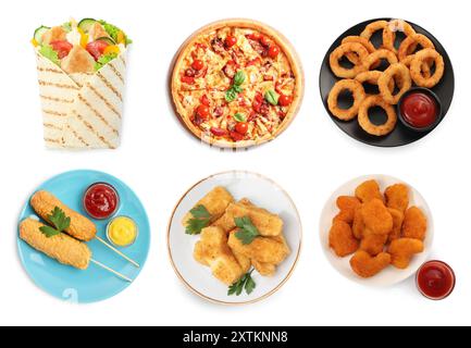 Collage mit verschiedenen leckeren Fast Food auf weißem Hintergrund, Draufsicht Stockfoto