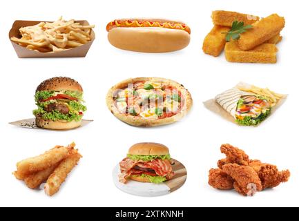 Collage mit verschiedenen leckeren Fast Food auf weißem Hintergrund Stockfoto
