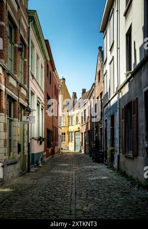 Eine typische Kopfsteinpflasterstraße mit Wohnhäusern in Gent, Belgien Stockfoto