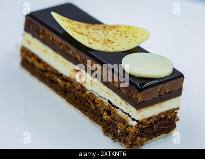 Schokoladenkuchen auf weißem Hintergrund. Mousse-Kuchen. Opernkuchen in eklektischen Desserts und Kuchen auf weißem Hintergrund. Selektiver Fokus Stockfoto