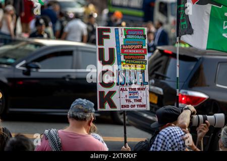 Pro-palästinensische Aktivisten protestieren gegen eine Wahlkampagne für den demokratischen Präsidentschaftskandidaten Kamala Harris am 14. August 2024 in New York. Pro-palästinensische Aktivisten organisierten einen Protest "Sound the Alarm for Gaza", um eine Wahlkampagne für das demokratische Präsidentschaftsticket Harris-Walz zu unterbrechen, die von Vertretern der Demokratischen Republik New York zusammengestellt wurde, während sie weiterhin auf den Krieg zwischen Israel und der Hamas in Gaza aufmerksam machen. (Foto: Michael Nigro/Pacific Press) Stockfoto