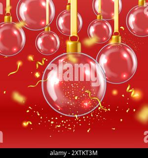 3D transparente Neujahrsglaskugeln in Konfetti Stock Vektor