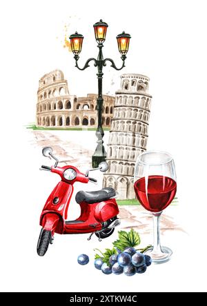 Willkommen in Italien Karte. Italienische Wahrzeichen und Symbole. Handgezeichnete Aquarellillustration isoliert auf weißem Hintergrund Stockfoto