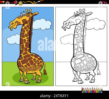Zeichentrickillustration von Giraffe Wildtier Charakter Malseite Stock Vektor
