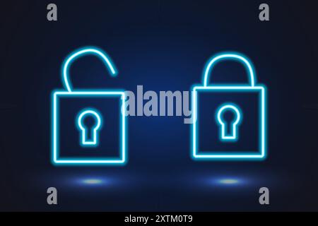 Symbol Neon, leuchtendes Schloss blau offen und geschlossen Set. Vektorabbildung Stock Vektor