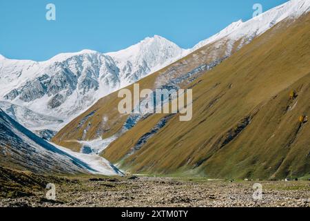 Blick auf das Truso-Tal in der Nähe von Kazbegi in Georgien mit schneebedeckten Bergen im Hintergrund Stockfoto