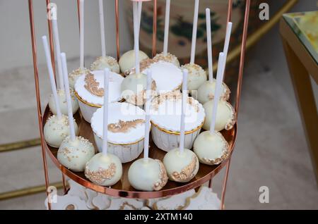 Wunderschön dekorierte Kuchen Pops auf einem süßen Tisch. Stockfoto