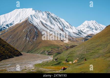 Sheperds Haus und schneebedeckte Berge am Ende der Truso-Schlucht, nahe der südossetianischen Grenze in der Region Kazbegi in Georgien Stockfoto