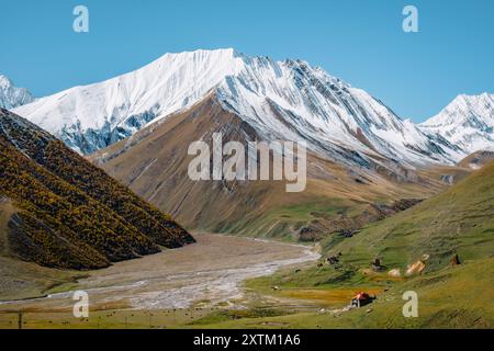 Sheperds Haus und schneebedeckte Berge am Ende der Truso-Schlucht, nahe der südossetianischen Grenze in der Region Kazbegi in Georgien Stockfoto