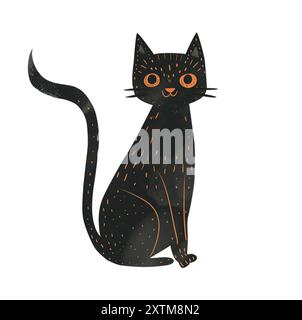 Schwarze Katze im Stil der Kinderillustration. Element der festlichen Dekoration für Halloween auf weißem Hintergrund. Stockfoto