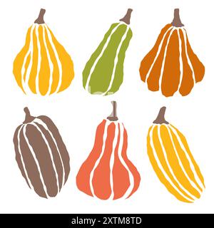 Farbenfrohe Sammlung dekorativer Kürbisse, die während der Herbstfeste in einem lebhaften Arrangement präsentiert werden Stock Vektor