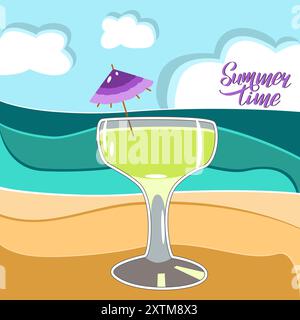 Margarita Cocktail mit Meer und Strand Hintergrund Vektor Illustration Stock Vektor