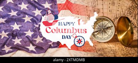 Begrüßungsbanner für den Columbus Day mit US-Flagge, Karte und Kompass Stockfoto