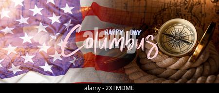 Begrüßungsbanner für den Columbus Day mit US-Flagge und Kompass Stockfoto