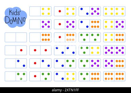 Domino für Kinder, Lernen Zählen, unterhaltsame pädagogische Aktivität für die Entwicklung des logischen Denkens, helle mehrfarbige Punkte Illustration druckbares Arbeitsblatt für Gruppenbrettspiele, Lehrerressourcen Stock Vektor