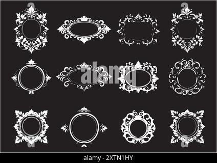 Komplexe Sammlung von zwölf Vintage-Blumenrahmen mit eleganten Designs für Karten, Poster, Broschüren und Hintergründe Stock Vektor