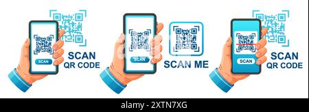 Scannen Sie QR-Code auf dem Smartphone, halten Sie ihn in der Hand, Barcode-Scanner-Mobiltelefon-App für Online-Zahlungen. Lesegerät für Barcode-Scanner am Telefongerät Stock Vektor