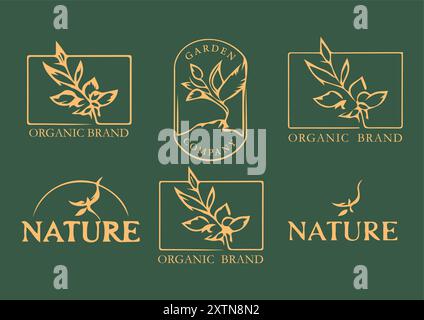 Logos mit Bio- und Naturmotiven und elegantem Gold Leaf-Design Stock Vektor