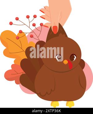 Hand hält süßen Herbst truthahn mit Blättern, Vector Stock Vektor