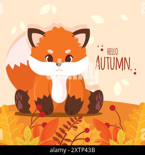 Niedlicher Fuchs mit Herbstlaub und Text Hallo Herbst, Vektor Stock Vektor