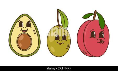 Obst und Beeren im groovigen Stil. Charaktere trendiges Retro-Comic-Maskottchen. Avocado Olive und Pflaume. Bannerposter entwerfen. Y2K Hippie 70er, 80er Jahre Vektorabbildung. Stock Vektor