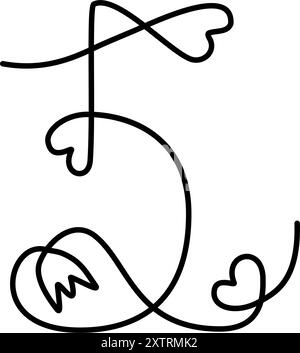 5 Dekorative handgezeichnete Zahl mit Blumen und Herzen Line Art ein durchgängiges Design-Konzept. Isolierter EPS-Vektor. Beschriftung, Beschriftung oder Karten, Poster, Banner, Etikett, Label oder Web, Promo-Idee Stock Vektor