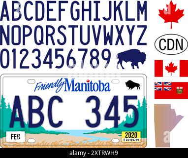 Manitoba Autokennzeichen, Zahlen, Buchstaben und Symbole, Kanada, Nordamerika, Vektorabbildung Stock Vektor