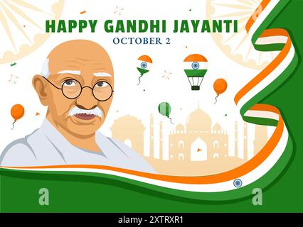 Happy Gandhi Jayanti Day ist eine Veranstaltung, die in Indien am 2. Oktober gefeiert wird, die Marks Gandhis Geburtstag in Flat Cartoon Hintergrund Vektor Illustration Stock Vektor