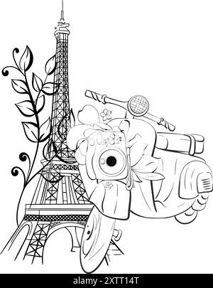 Vektor Eiffelturm und Roller Illustration. Vintage-Motorrad im romantischen Stil. Paris Travel Love Holiday. Schwarze Silhouette für Schaltkreis Stock Vektor
