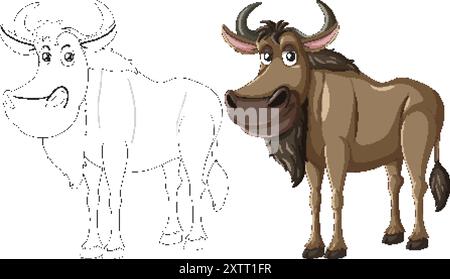 Farbige und umrissene Gnus-Vektor-Illustration Stock Vektor