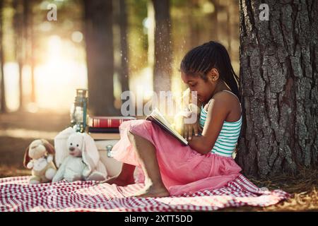 Magie, Mädchen und Lesebuch über Picknick im Park für Geschichten, Fantasy und Märchen für die Gehirnentwicklung. Weibliche Person, draußen und Lächeln mit Spielzeug drin Stockfoto