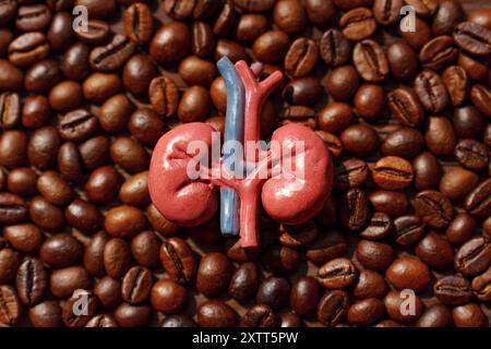 Detailliertes anatomisches Nierenmodell auf einem Stapel gerösteter Kaffeebohnen, das den Einfluss von Kaffee auf die Nierengesundheit zeigt. Stockfoto