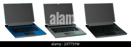 Satz moderner Laptops mit rgb-Lichtern auf weißem Hintergrund mit Beschneidungspfad. Stockfoto