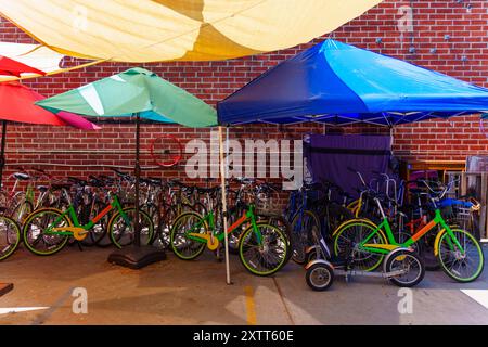 Los Angeles, Kalifornien - 21. April 2024: Fahrräder reihen sich unter bunten Baumkronen im Spoke Bicycle Cafe entlang des Los Angeles River Bike Path in Ely an Stockfoto