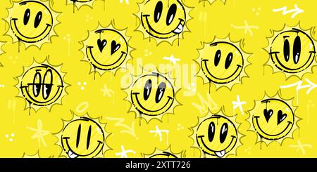 Gelbe trendige abstrakte Graffiti-Stil Happy Smiling Sonnen on the Sky nahtlose Hintergrundvorlage Stock Vektor