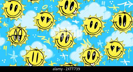 Abstrakter Graffiti-Stil glückliche lächelnde Sonnen am Himmel mit einigen Wolken nahtlosem Hintergrund Stock Vektor